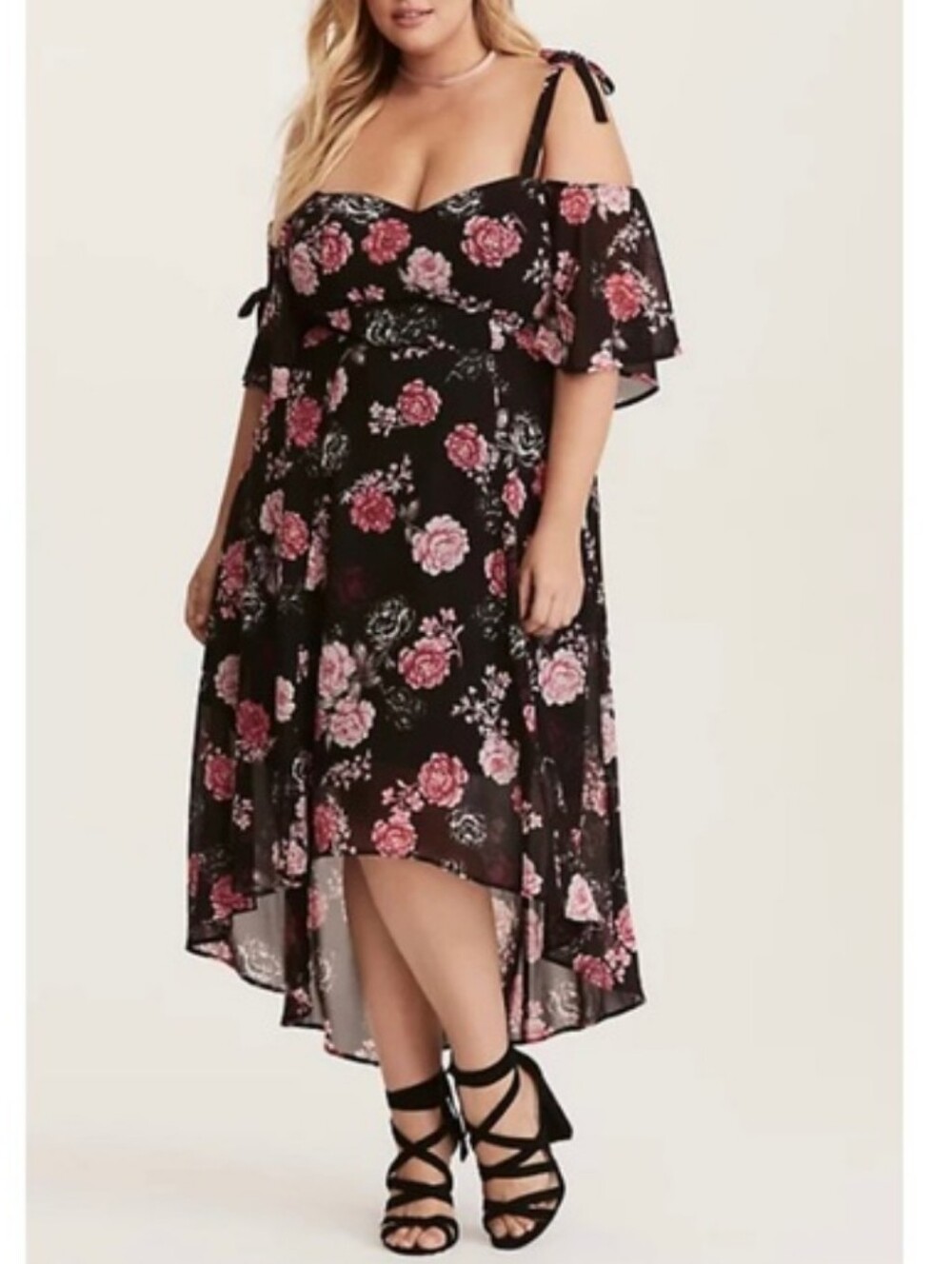 Torrid Plus Size Black Floral Off-Shoulder Midi Hi-lo Dress 3x